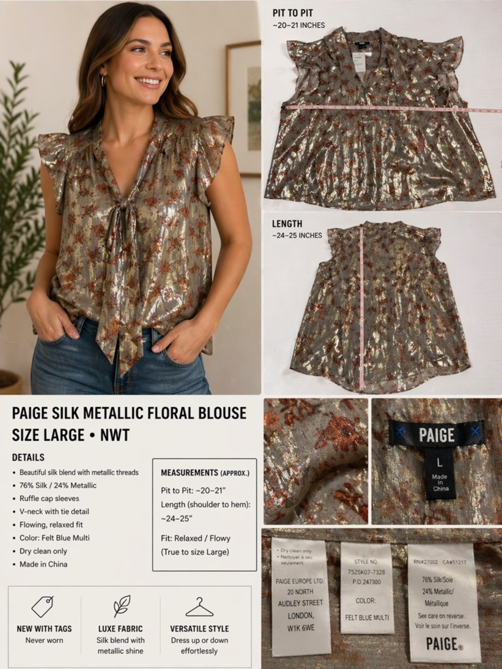 PAIGE Silk Metallic Floral Blouse Top Size Large NWT